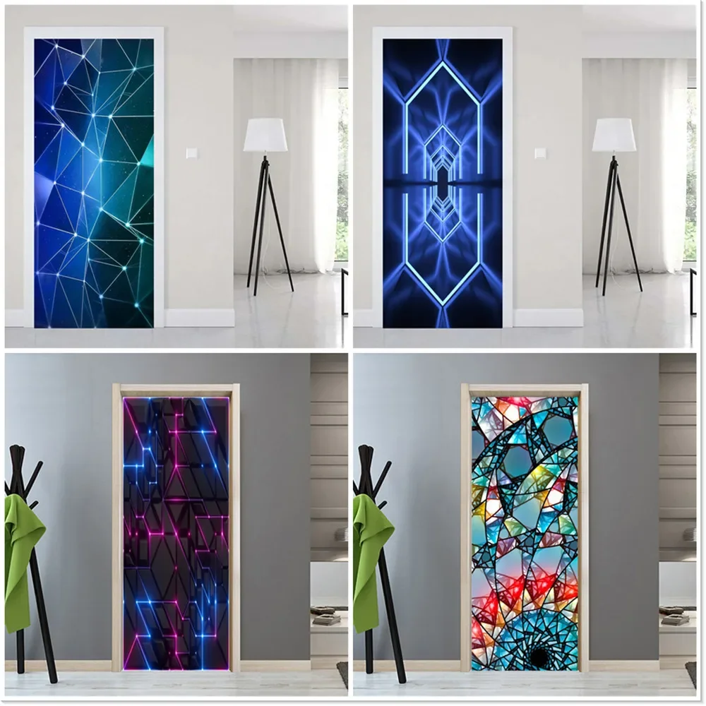 Blue Abstract Triangle Art Door Sticker Psychedelic Wallpaper Decal Waterproof Self-adhesive Home Living Room Decor Poster Mural