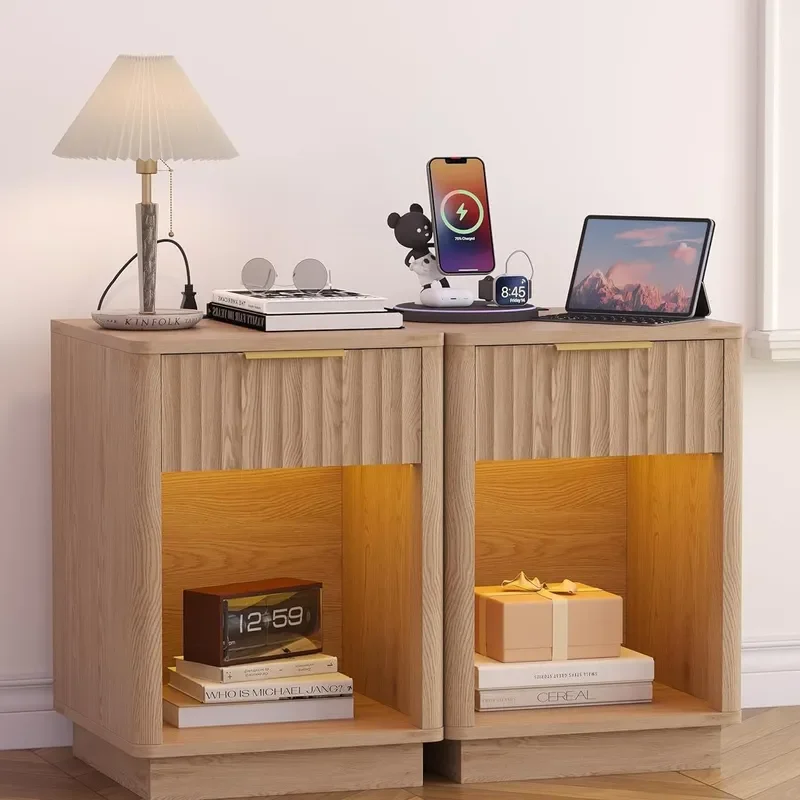 for Modern Mid Century Two Piece Bedside Table Set Natural Oak Wooden Light Emitting Diode Cross Border