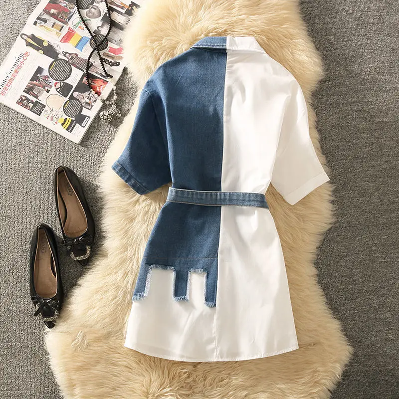 Fashion Summer Women Cowboy Patchwork Shirt Skirt Asymmetrical Color Collision Lacing Corset Temperament Comfortable Dress