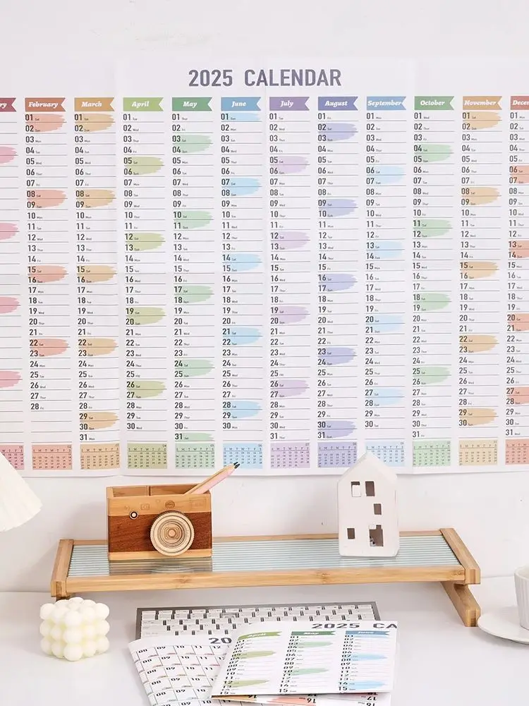 1 pc 2025 calendário de parede de papel colorido de tamanho grande com adesivos e fitas calendário