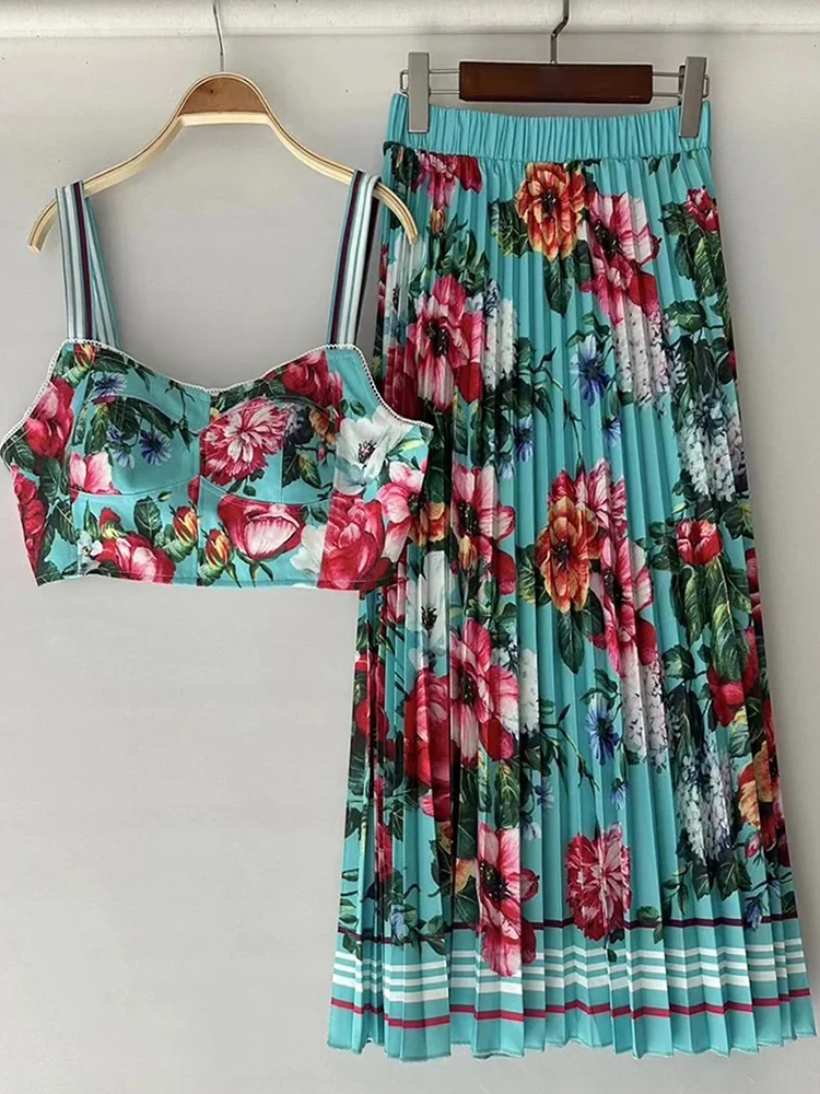 2026 Summer Women's Clothing Retro Print Sexy Tube Top Suspender Top Two-piece Set + High Waist Pleated Loose Skirt Fashion Suit image 2