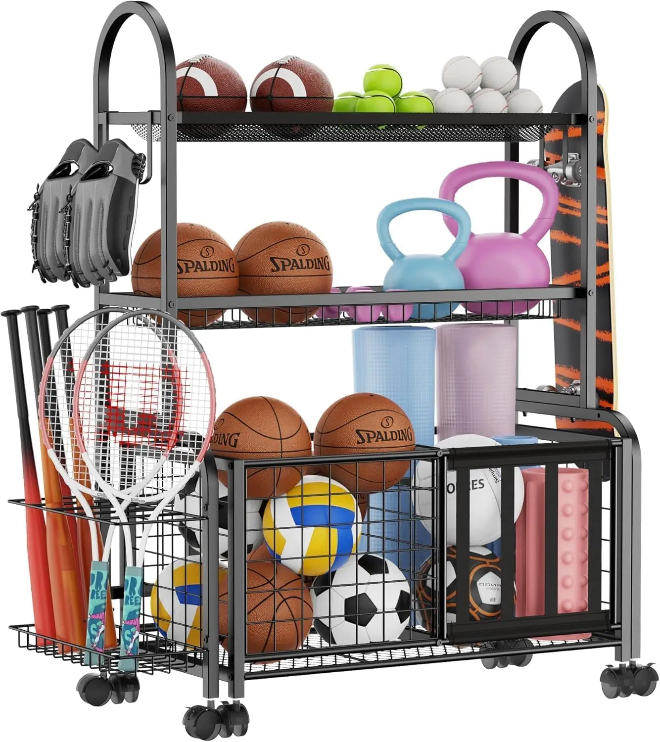 

Garage Ball Storage, 2 In 1 Garage Sports Equipment Organizer, Ball Storage Ra, Garage Organizer With Basket And Hooks,