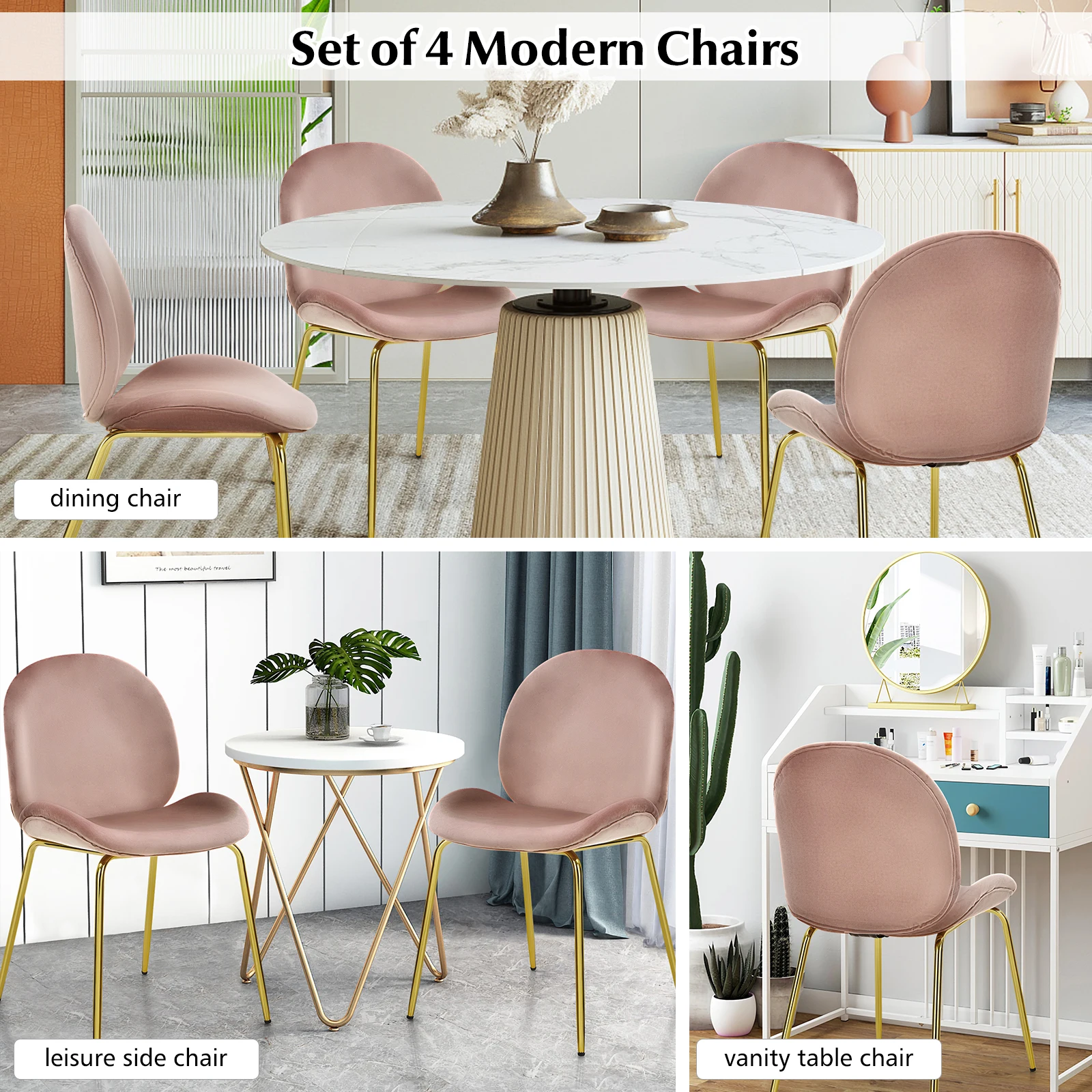 Juego de 4 sillas de terciopelo con patas de Metal dorado, color rosa, para comedor