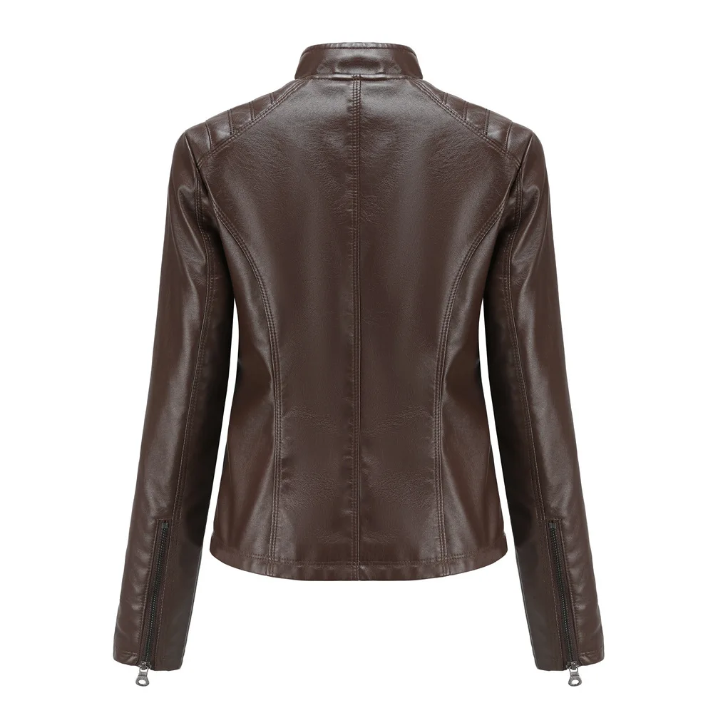 Purchase New Women's Casual Leather Jacket with Stand Up Collar and Slim Fit, Spring and Autumn Zipper Motorcycle Women's Leathe