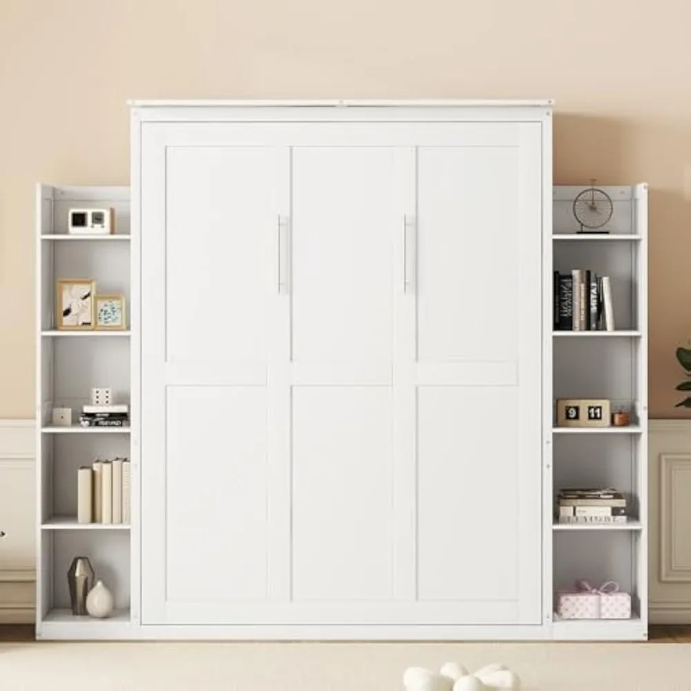 

Merax Queen Size Murphy Bed, Queen Wall Bed Frame with Shelves and LED Lights, White