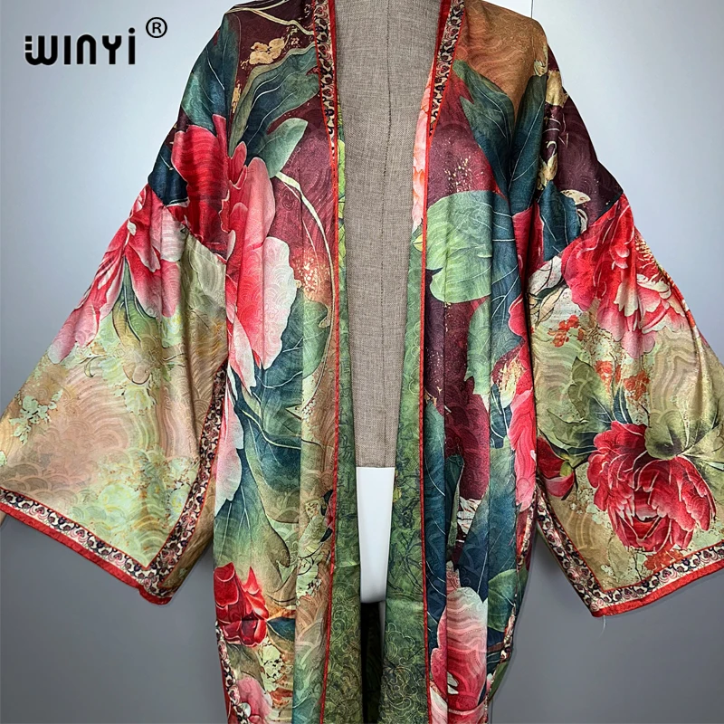 WINYI 고품질 양면 프린트 아바야 두바이 럭셔리 드레스 비치웨어 보헤미안 카디건 우아하고 섹시한 휴가용 긴팔 기모노