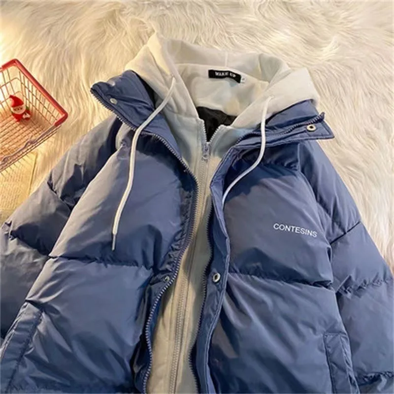 Winter Thickening New Fake Two Down Coats Women Y2k Harajuku Korean Popular Loose Warm Cotton-Padded Couple Casual Joker Jacket