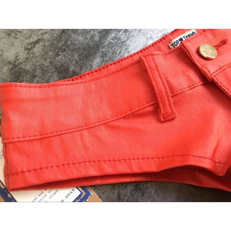 Nightclub Red Sexy Low Waist Elastic Denim PU Imitation Leather Button Zipper Shorts Women Hot Pants