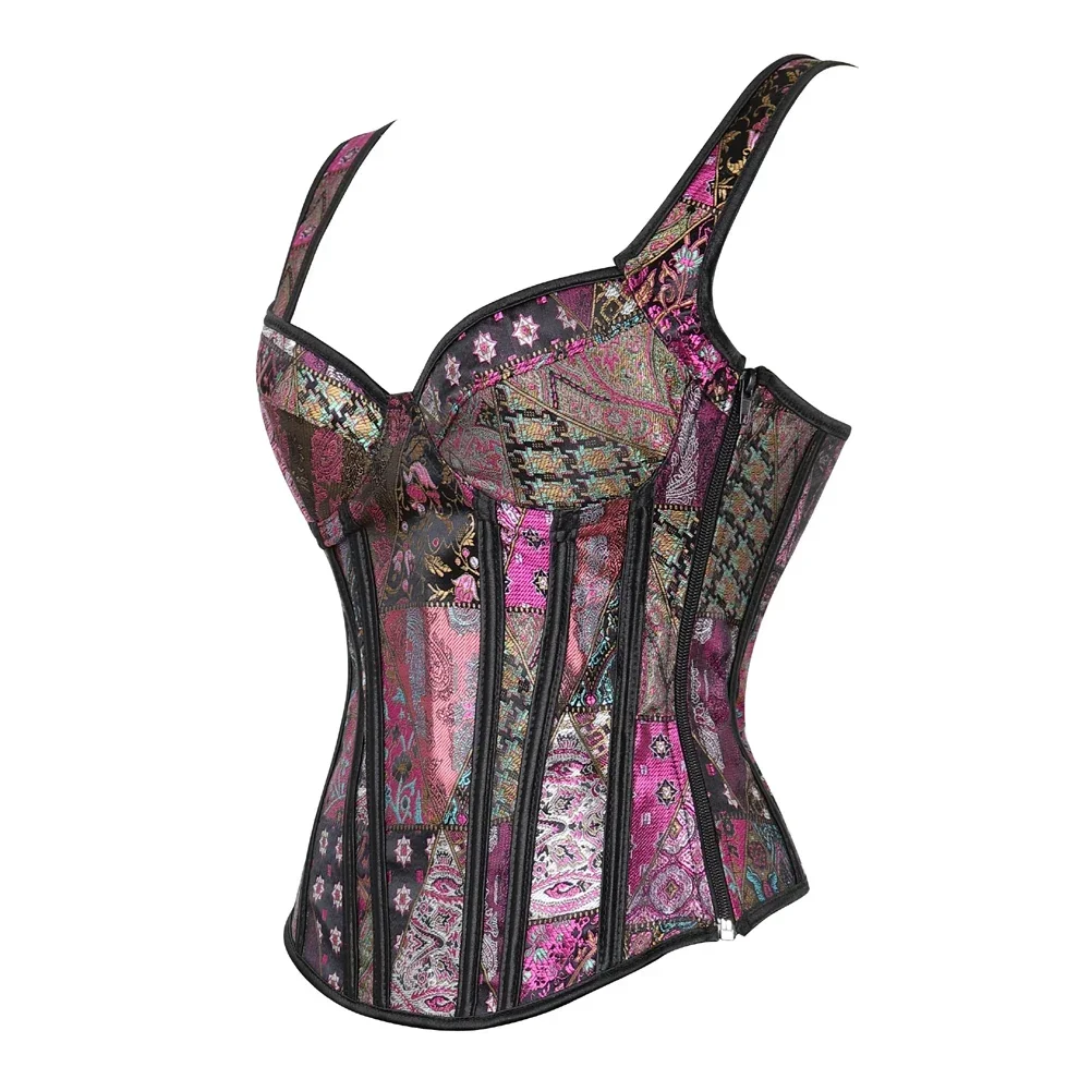 Corset brodé de fleurs pour femmes, bustier à bretelles vintage, jacquard, fermeture éclair, corsage push-up, bustiers en dentelle, costume de fête