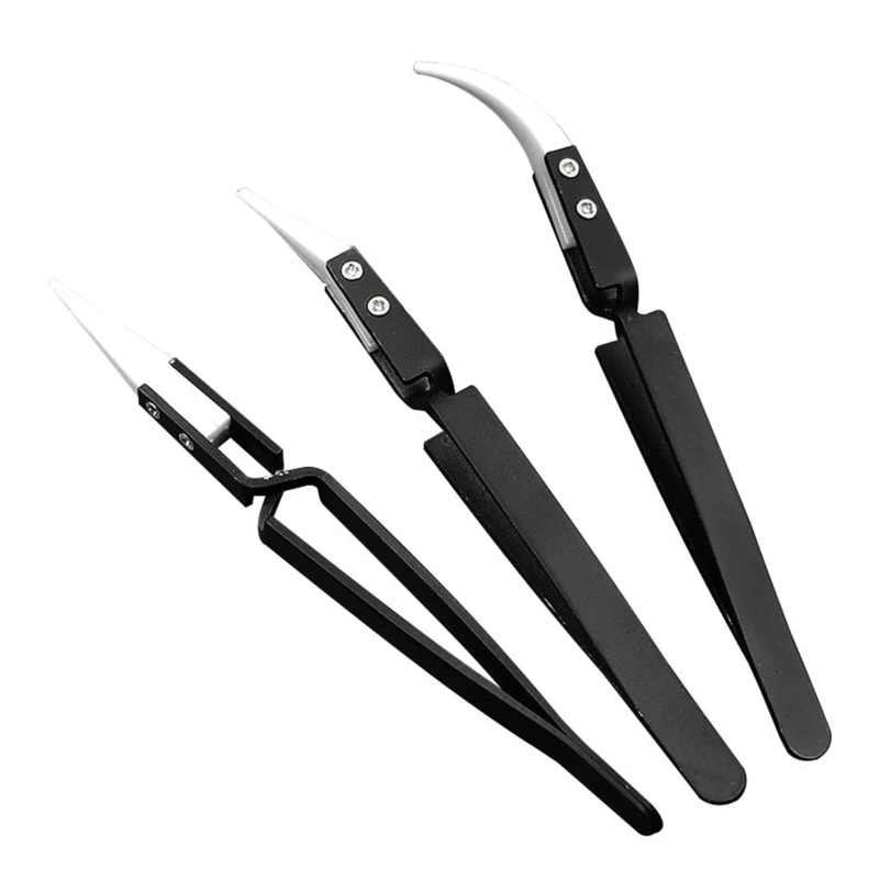 

3 Pcs Curved Straight Tweezers Anti-static Ceramic Reverse Tweezers for Lab Work Dropship