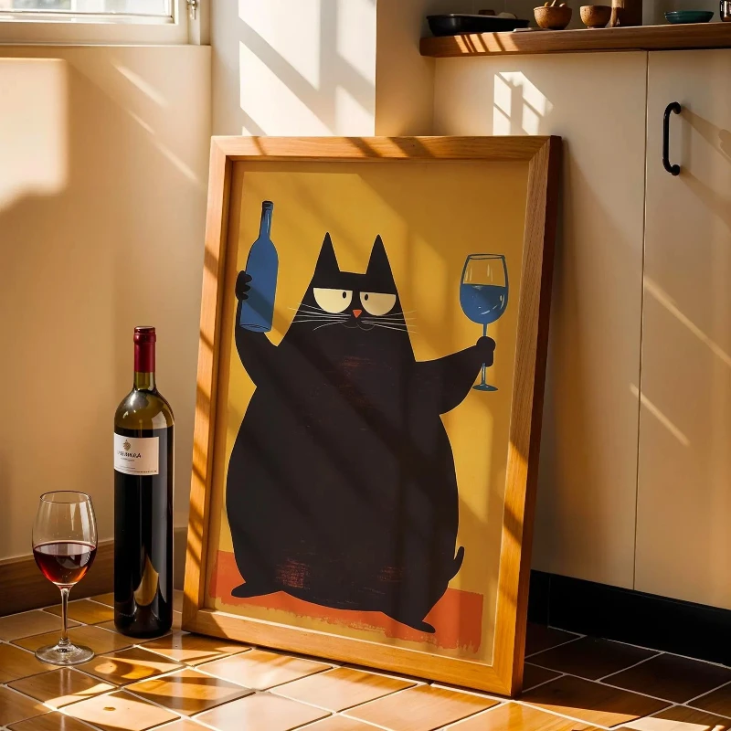 1pc frameless Canvas Painting Chic Cat Poster Retro Bar Cart Decor Mid Century Modern Art Print Wine Print Retro Kitchen Decor T