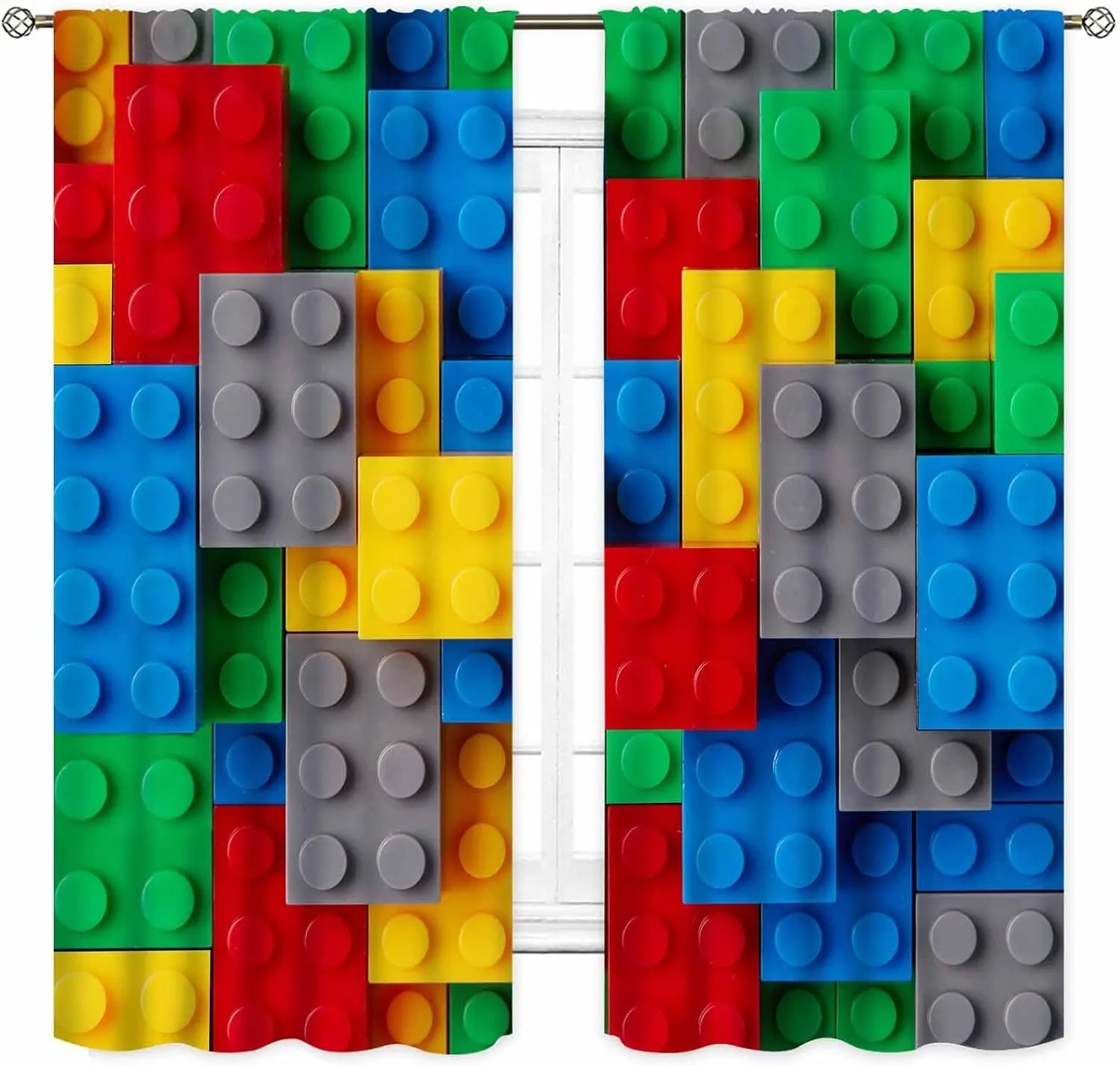 Building Blocks Blackout Curtains, Kids Boys Abstract Colorful Geometric Brick Constructor Toy Curtains Bedroom Playroom Living