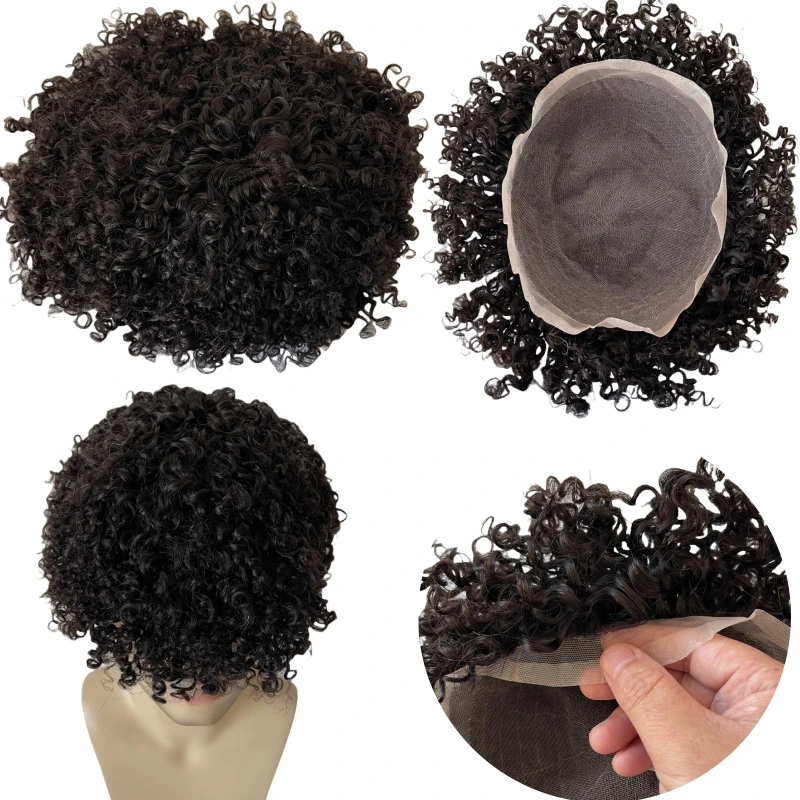 Mongolian Virgin Human Hair Hairpiece 1B# Natural Black Body Curl Toupee 8x10 Full Lace Unit for Men