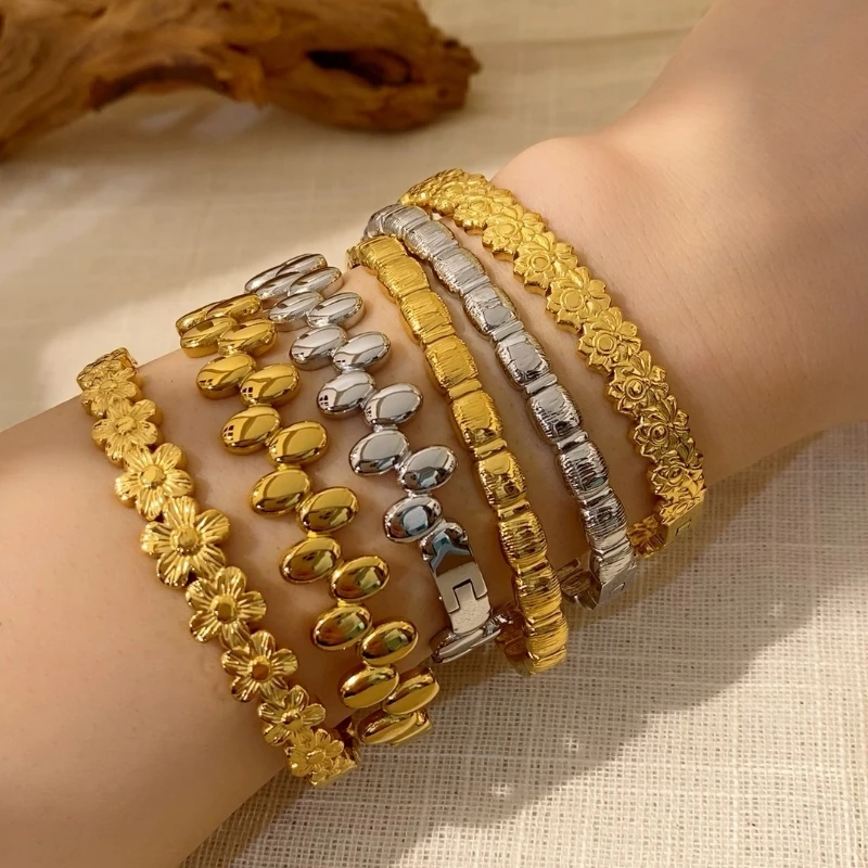 

CARLIDANA Retro Womens Flower Bracelet Stainless Steel with Irregular C-Shaped Opening Stainless Steel Fashion Bangles Jewelry