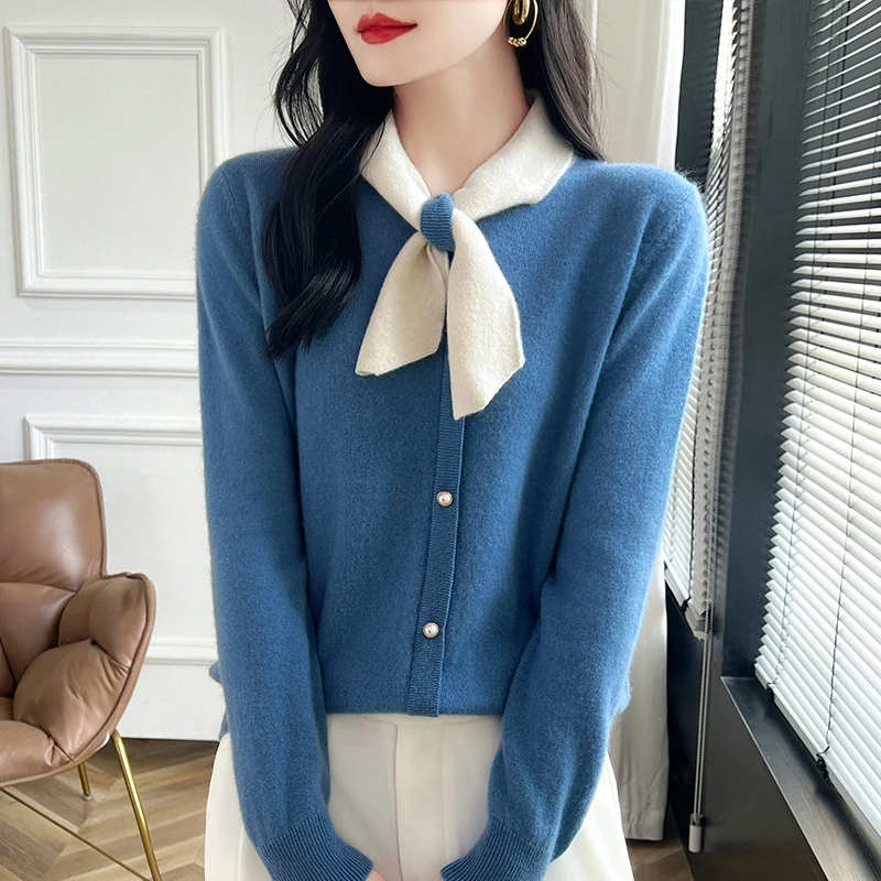 100% wool sweater Women's fairy wind pullover tops 2024 autumn winter fashion bow fake cardigan jumper loose knitted warm shirt