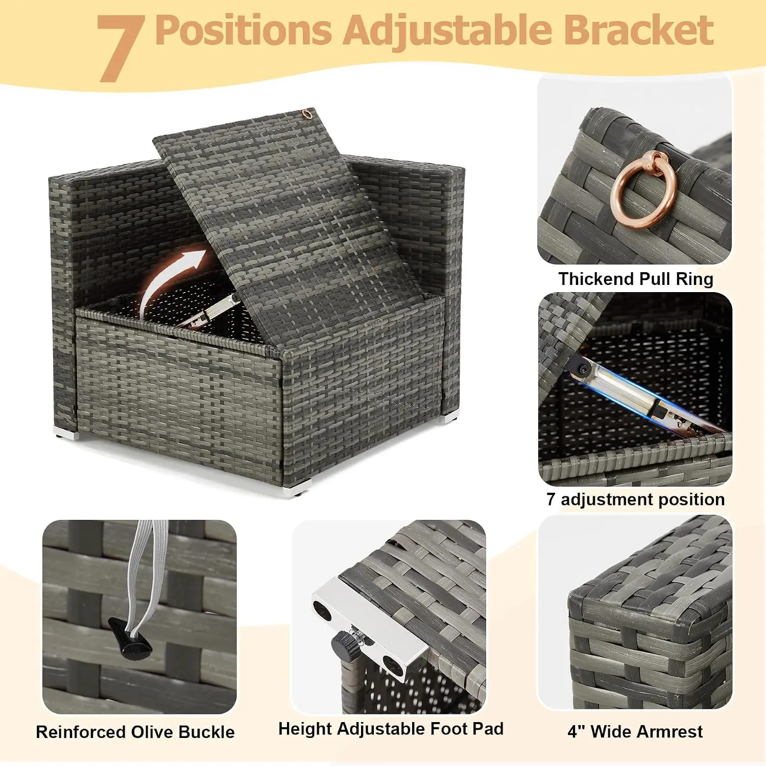 7 Piece Grey Wicker Rattan Patio Sectional Sofa Set with Adjustable Bracket Table Cushions for Porch Lawn Garden, Customized