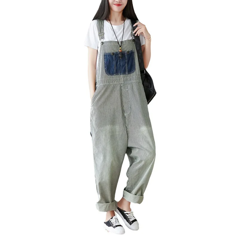 Frauen Jeans knöchel lange gestreifte Jeans hose mit weitem Bein gespleißt Distressed Overalls Jeans taschen lose gewaschene High Street 2024