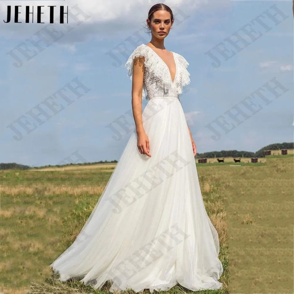 JEHETH Lace V-Neck A-Line Vestidos De Casamento Sem Mangas Backless Tulle Noiva Vestidos de boda para fiestas 2024 Custom MadeJEHETH Lace V-Neck A-Line Vestidos De Casamento Sem Mangas Backless Tulle Noiva Vestidos de