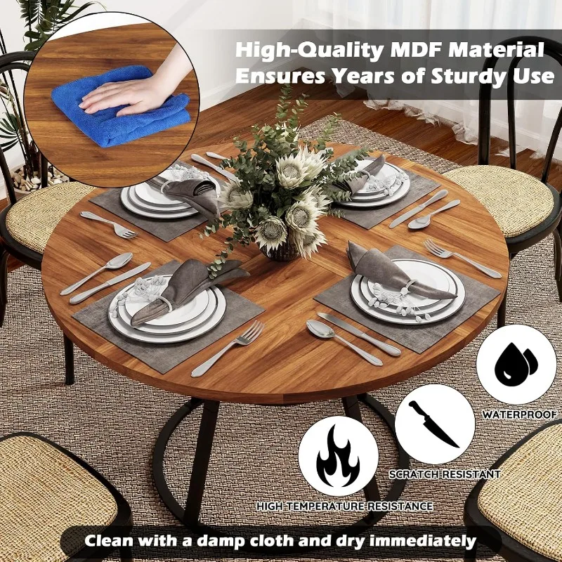 47インチ ラウンドディナーテーブル 4人用 6人用、金属脚付き小さな円形ダイニングルームテーブル、モダンなファームハウスの素朴なキッチンテーブル