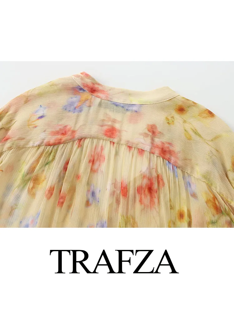 TRAFZA Summer Woman's Chic Puff Sleeves Single-breasted Printed Loose Shirt Female Casual Elegant V-Neck Versatile Top Mujer