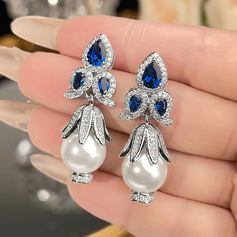 S925 Silver Needle Earrings Pearl Jewelry Fashionable Elegant Red Corundum High-end Sense Women's Versatile Earrings