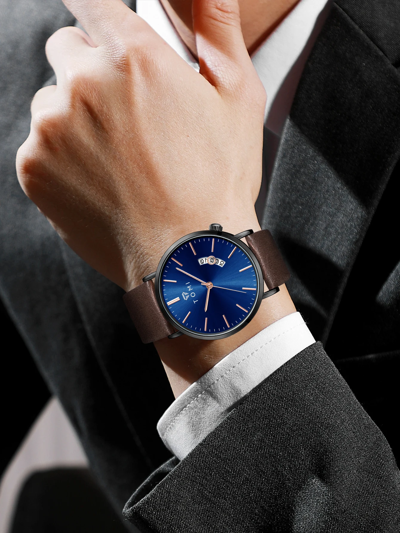 TOMIMen's watch simple trend quartz business wristwatch leather strap calendar male watch