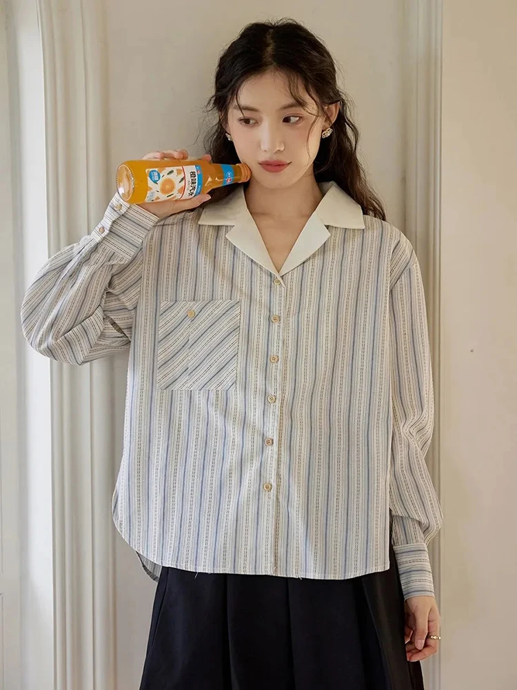 Japanese Striped Fall Shirt Vintage Pure Cotton Women Simple Casual Blouse Office Lady Loose Notched Collar Long Sleeve Tops