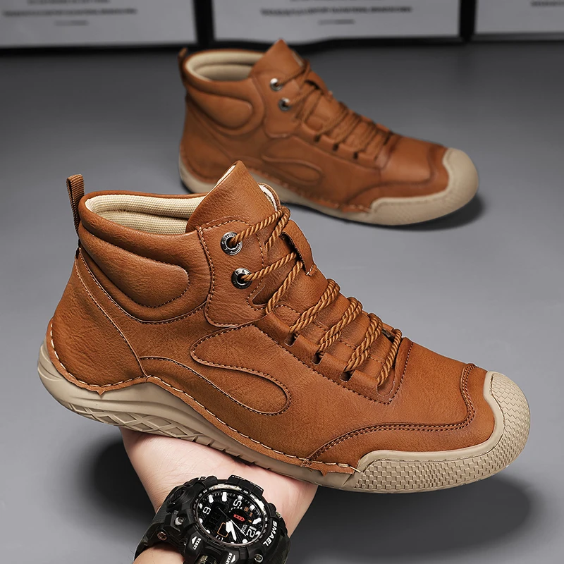 

2026 New Style Large Size Men Hand-Stitched Mid-High Top Casual Leather Boots, Leather Flat Outdoor Work Boots
