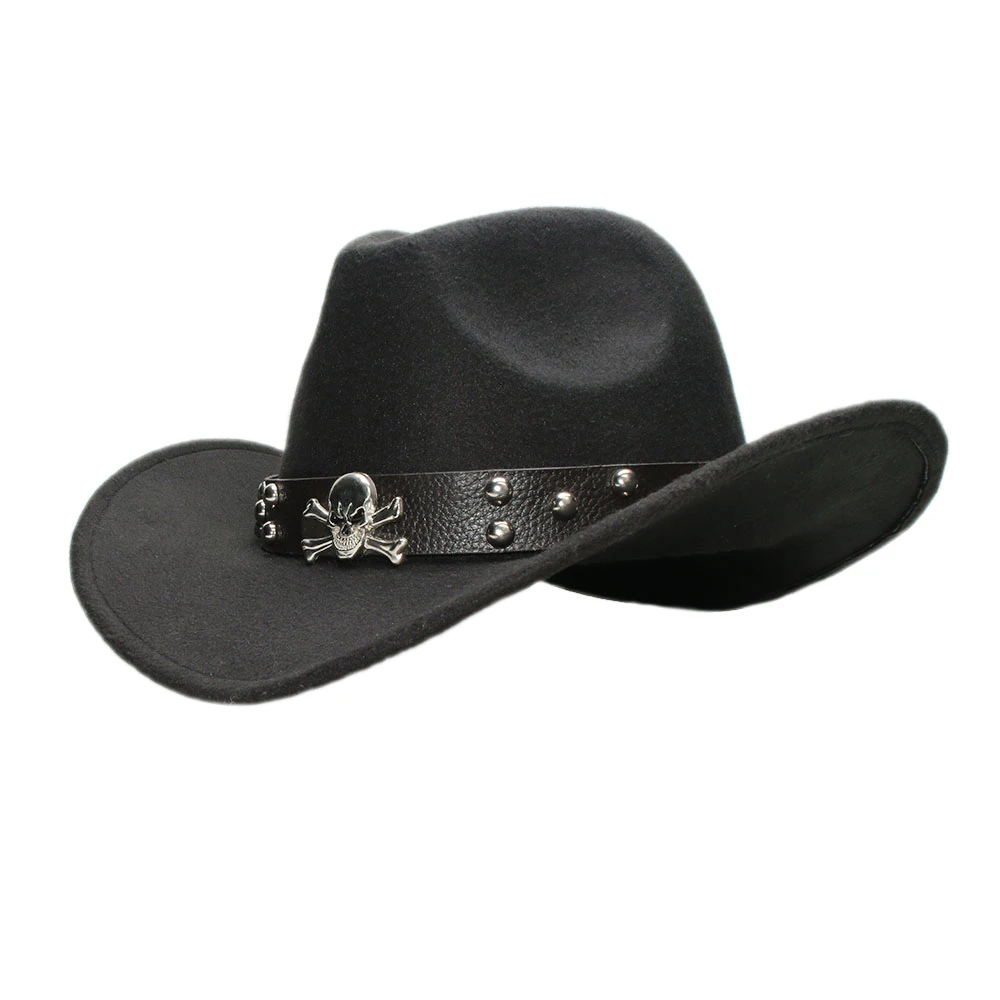 Vintage Retro Women Men Wool Wide Brim Cowboy Western Cowgirl Bowler Hat Fedora Cap Skull Leather Band Band (54/57/61CM)