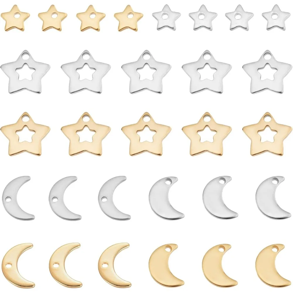 

80pcs 8 Styles Stainless Steel Moon Star Charms Hollow Star Pendants Jewelry Star Charms Pendants for DIY Crafting Necklace
