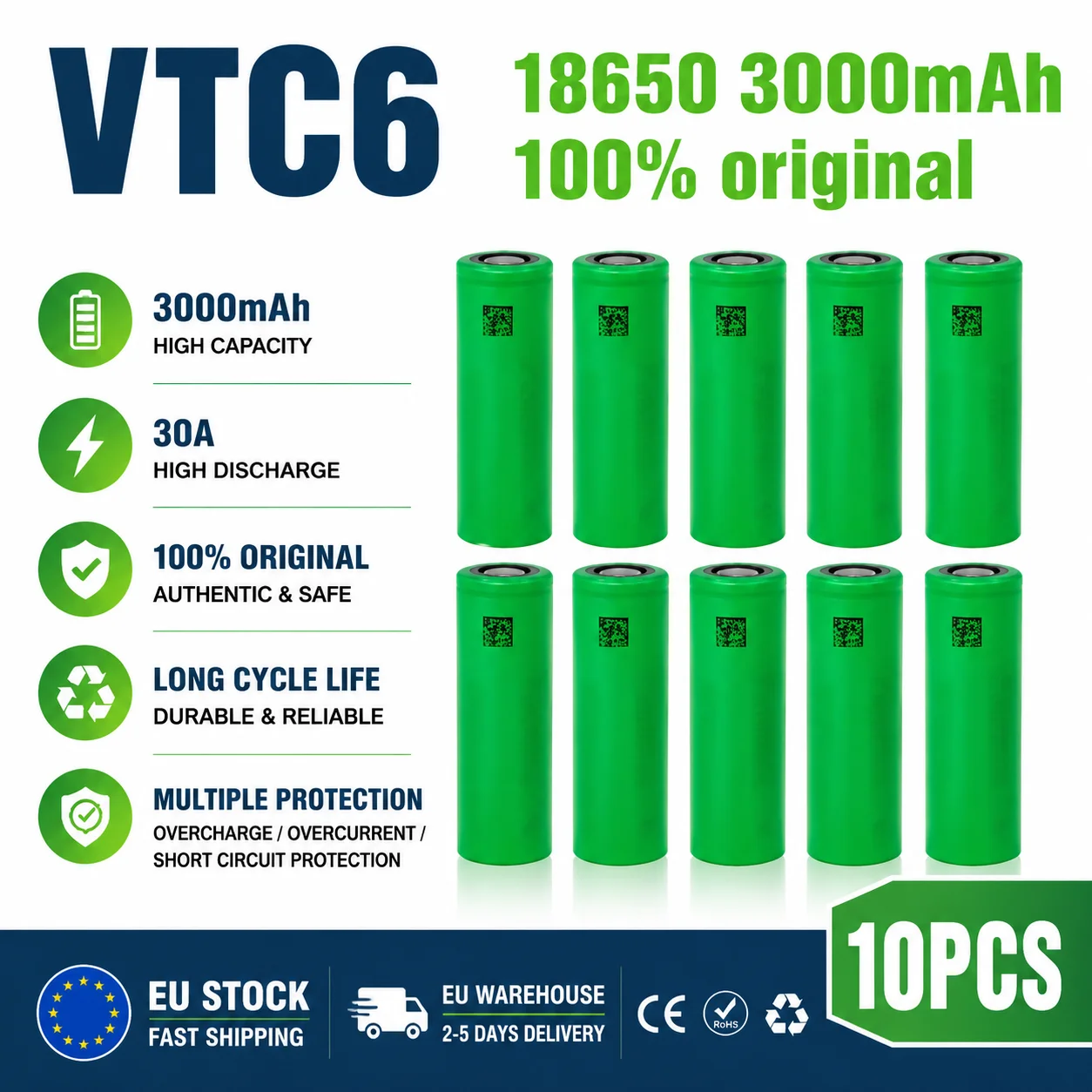 Image of VTC6 18650 Li-Ion 3000mAh 3,7V 30A Akkupack mit 10-50 Stück – EU-Lagerbestand, schneller Versand, für Elektrowerkzeuge & Taschenlampen