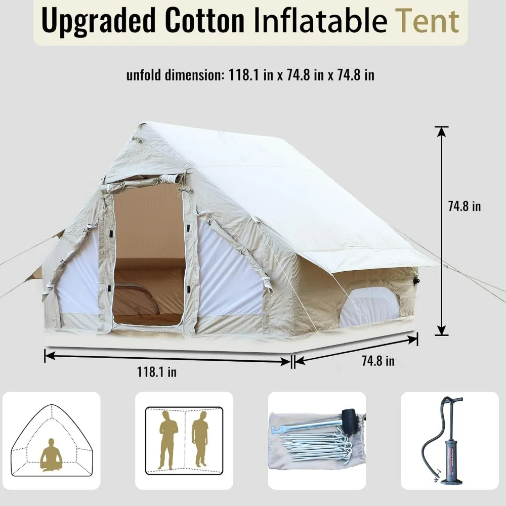 Inflável Barraca de acampamento com bomba, Grande impermeável Windproof Outdoor Glamping Tendas para 4-6 Pessoa, Oxford Cabin Tent, 4 Temporada