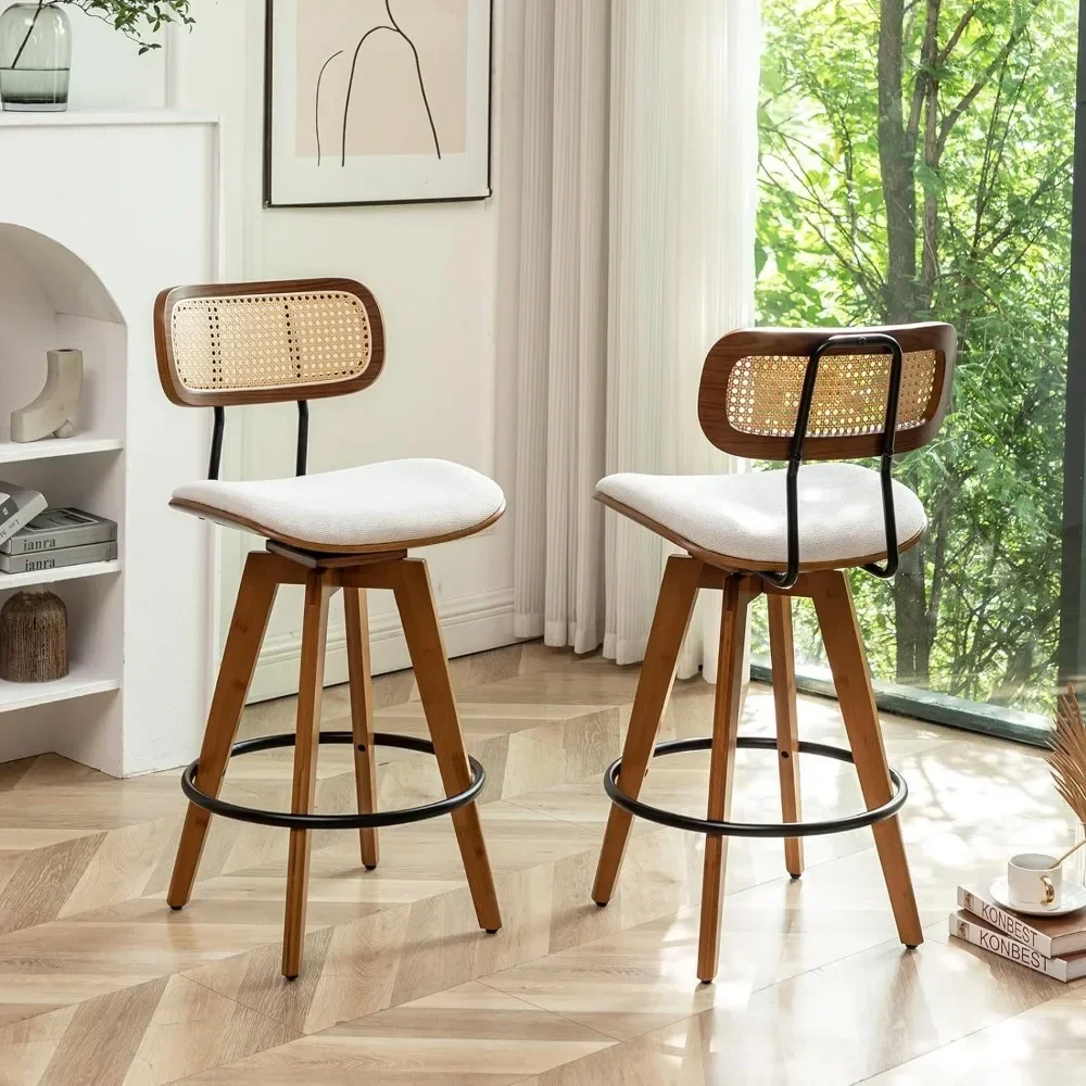 Rattan Bar Stools Set, Bar Stools, Tecido De Linho, Contra Altura, Swivel Barstools, Encosto Rattan, Pernas De Madeira, 26"