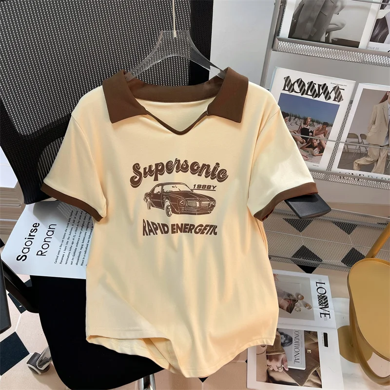Cotton Short Sleeve T-shirt Women's Loose Polo Neck Top Summer Vintage Slim Top