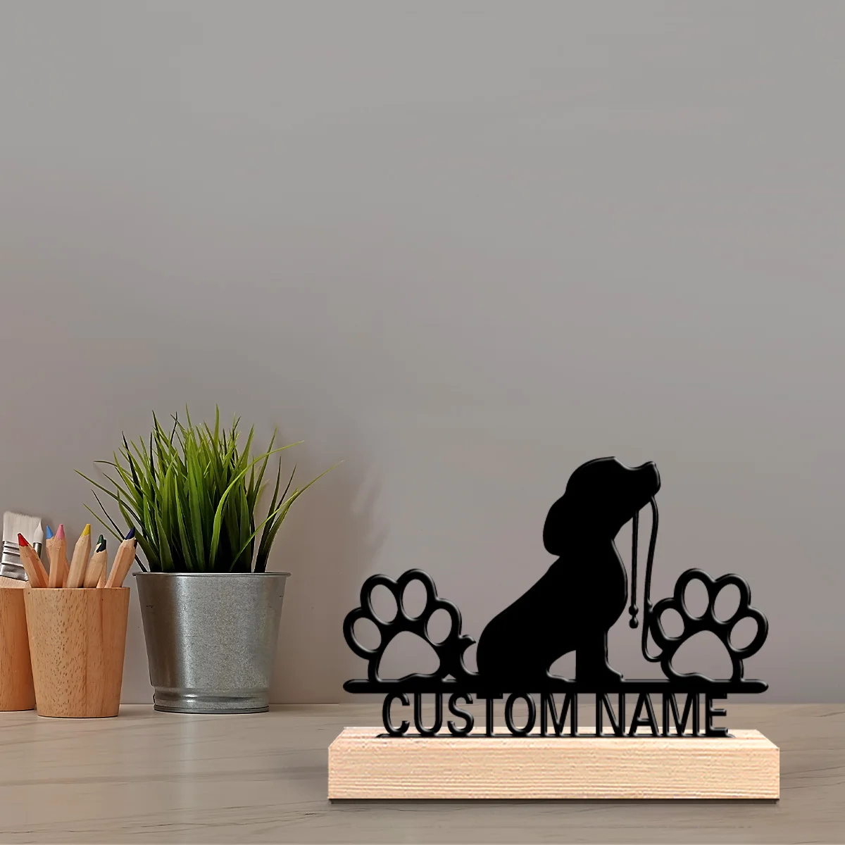 1pc Creative dog foottprin tPersonalized Name Metal Statue Iron Crafts With Wood Base Iron Sculpture For Home Desk Decor