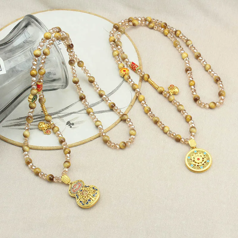 Retro thangka corrente removível antigo ouro cabaça colar longo camisola corrente imitação olho de tigre acessórios de cristal