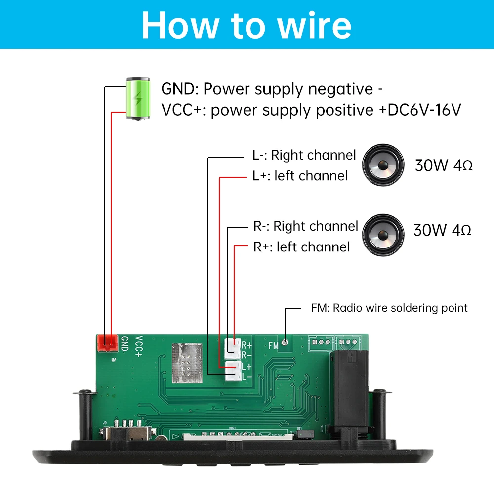 Placa decodificadora de áudio bluetooth dc6 ~ 16v, reprodutor de mp3, 2*30w, amplificador de áudio estéreo de 2 canais, módulo de integração de karaokê para carro