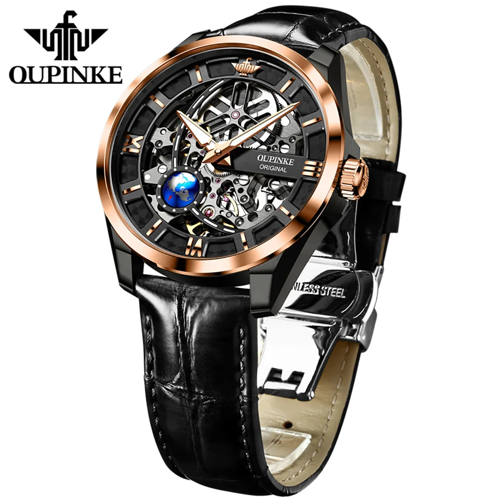 

OUPINKE Men's Watches Trend Luxury Leather Strap Original Automatic Mechanical Watch for Man Globe Second Hand Sapphire Mirror