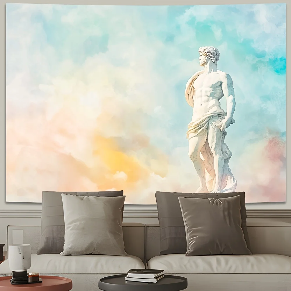 

1pc Watercolor Style Giant White Ancient Greek Male Statue Tapestry - Horizontal Wall Art with Serene Pastel Clouds & Ethereal
