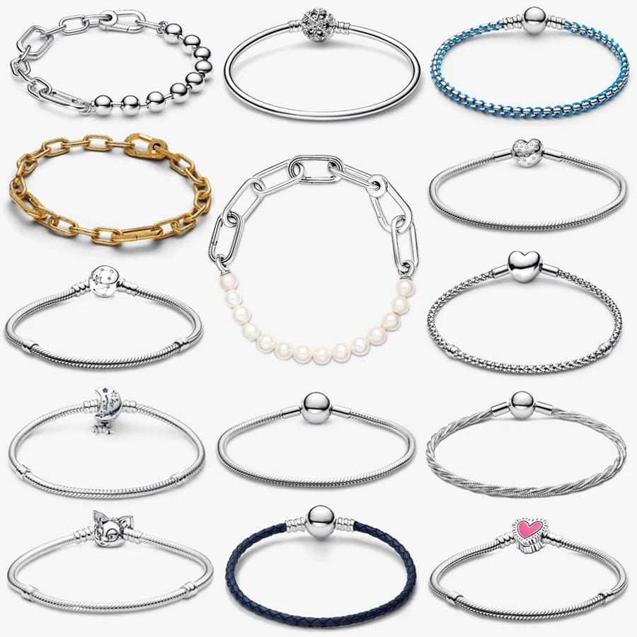 New 925 Silver T-shaped Love Heart Star ME Pearl Leather Rope Shell Bracelet Fashion DIY Charm Exquisite Jewelry Gift