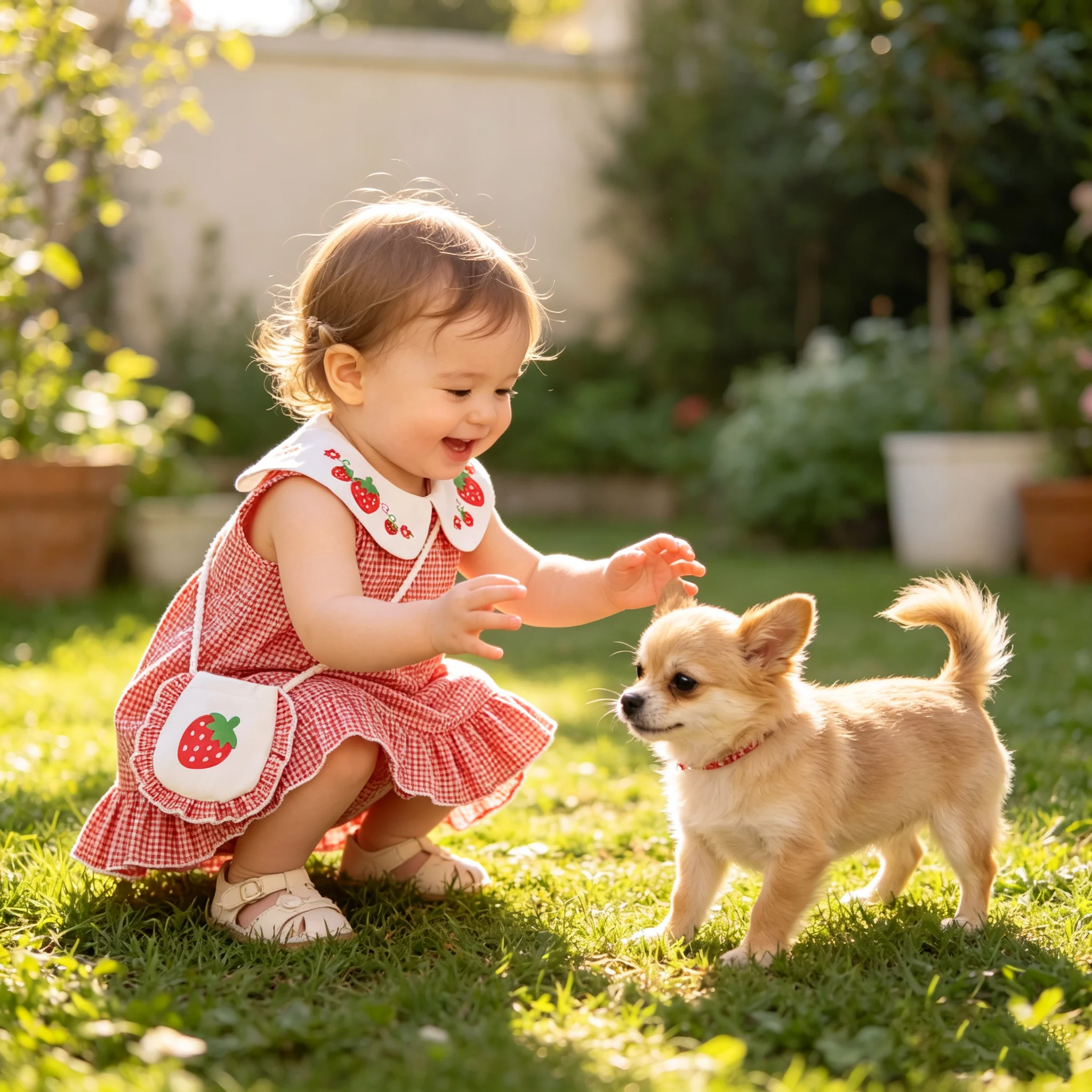Sommerkleid für Babymädchen mit Puppenkragen und Erdbeer-Print, Kariertes Kleid + Mini-Tasche Set für Süße Babymädchenkleider im Alter von 0-3 Jahren – Detail 2