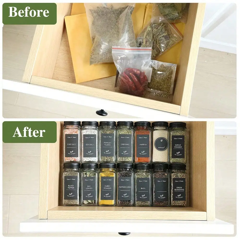 12 قطعة برطمانات توابل زجاجية سعة 4 أونصة مع أغطية/قمع سوداء - أغطية وملصقات شاكر، منظمة مخزن المطبخ