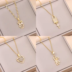 New Trendy Zircon Crystal Pendant Necklaces For Women Sweet Sexy Female Stainless Steel Jewelry Korean Fashion Ladies Neck Chain