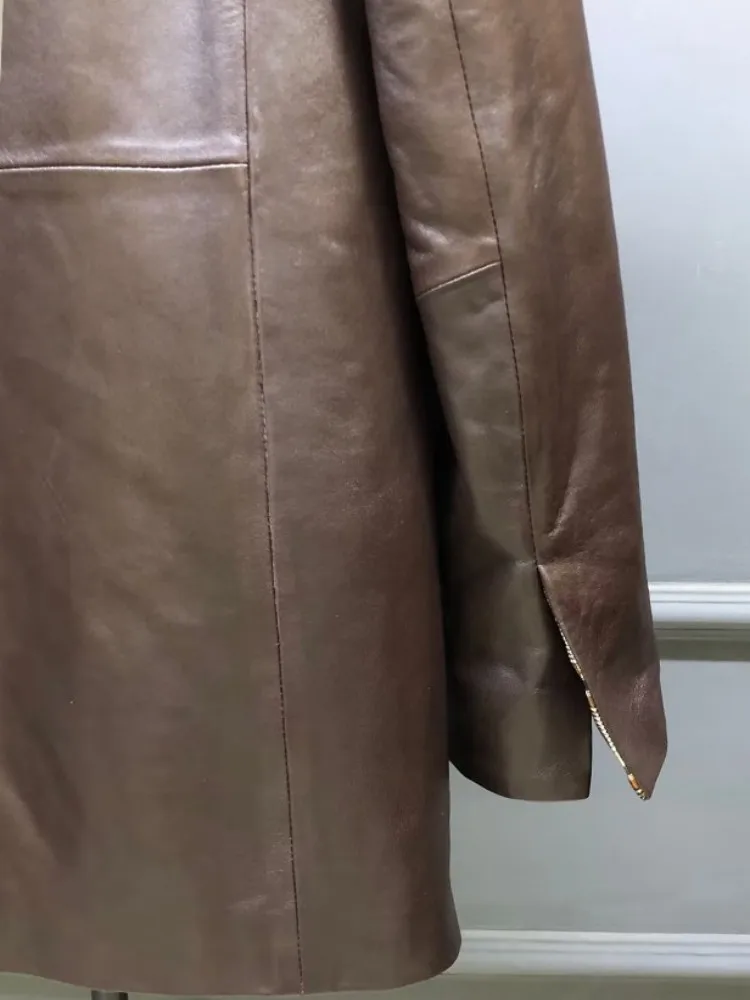 Frauen Herbst Top Qualität Fashion Echtes Leder Jacke Mid Lange Gerade Kerb Kragen Gepolsterte Mantel Natürliche Schaffell Oberbekleidung