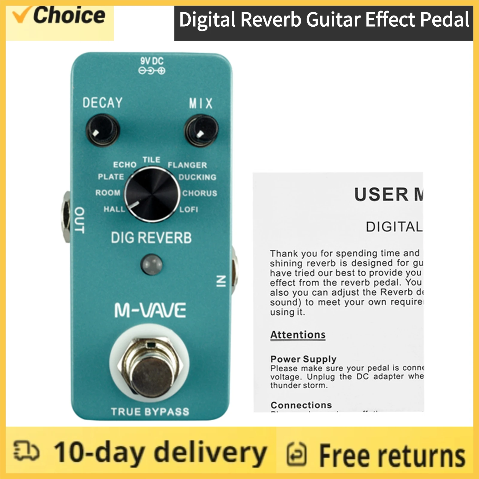 M-VAVE DIG REVERB Digital Reverb Guitar Effect Pedal 9 Reverb Types Decay & Mix Control True Bypass Full Metal Shell