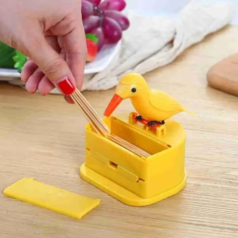 Creative Toothpick Holder Cartoon Small Bird Toothpick Container Press Toothpick Dispenser Storage Box Automatic Kitchen