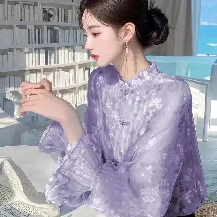 قميص شيفون أنيق بأكمام طويلة مزين بالزهور للنساء، تصميم جديد لربيع وصيف، طراز خيالي فريد مضاد للشيخوخة، قمة الموضة الكورية بق...