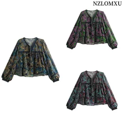 2024 Spring Bohemian Floral Print Blouse Women Casual Long Sleeve V Neck Tunic Tops Elegant Holiday Party Chemise Blusas