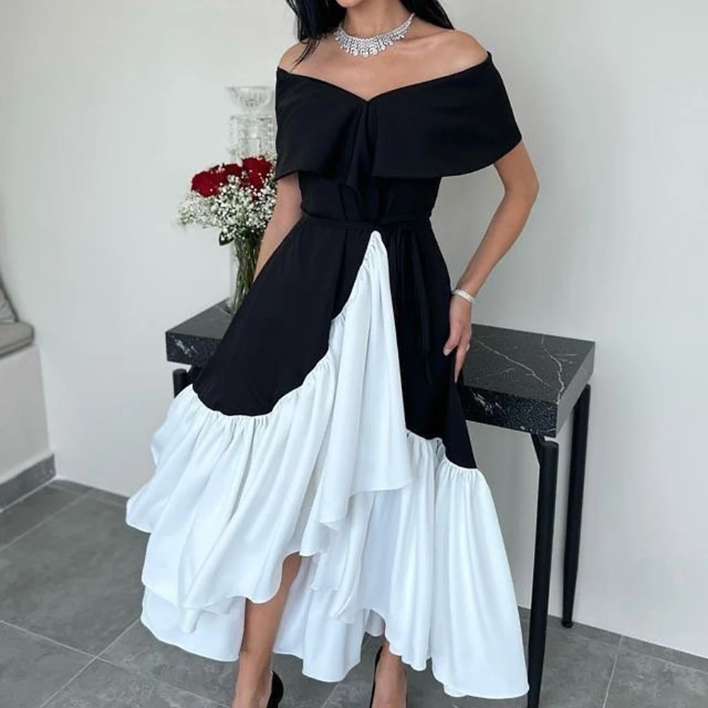 

Msikoods Black White Arabic Prom Dresses Off The Shoulder Satin Formal Dress Outfits Evening Party Gowns Women Wedding Wear