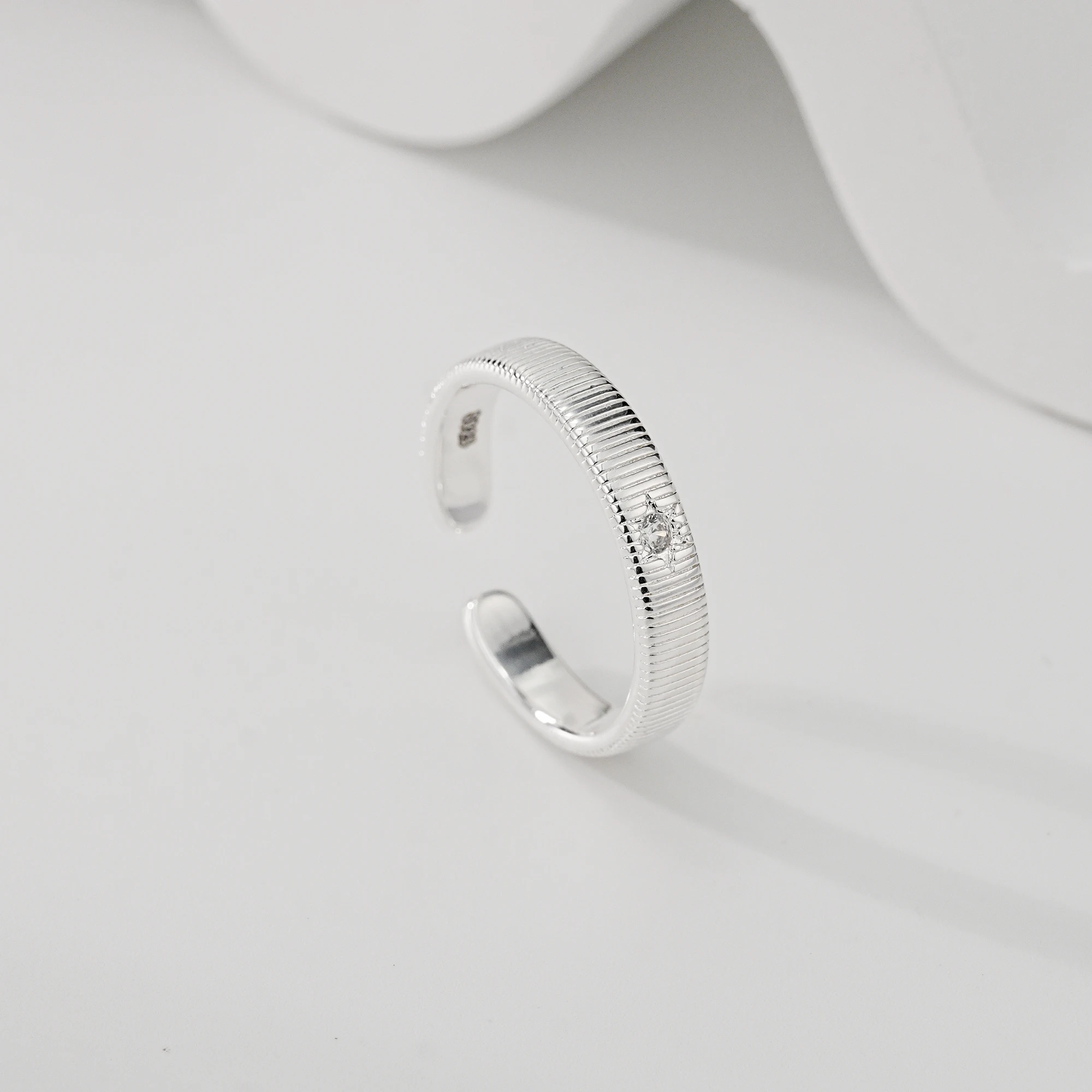 Adjustable 925 Sterling Silver Rings for Women - Simple Textured Star Zircon Open Ring, Fine Jewelry Gift